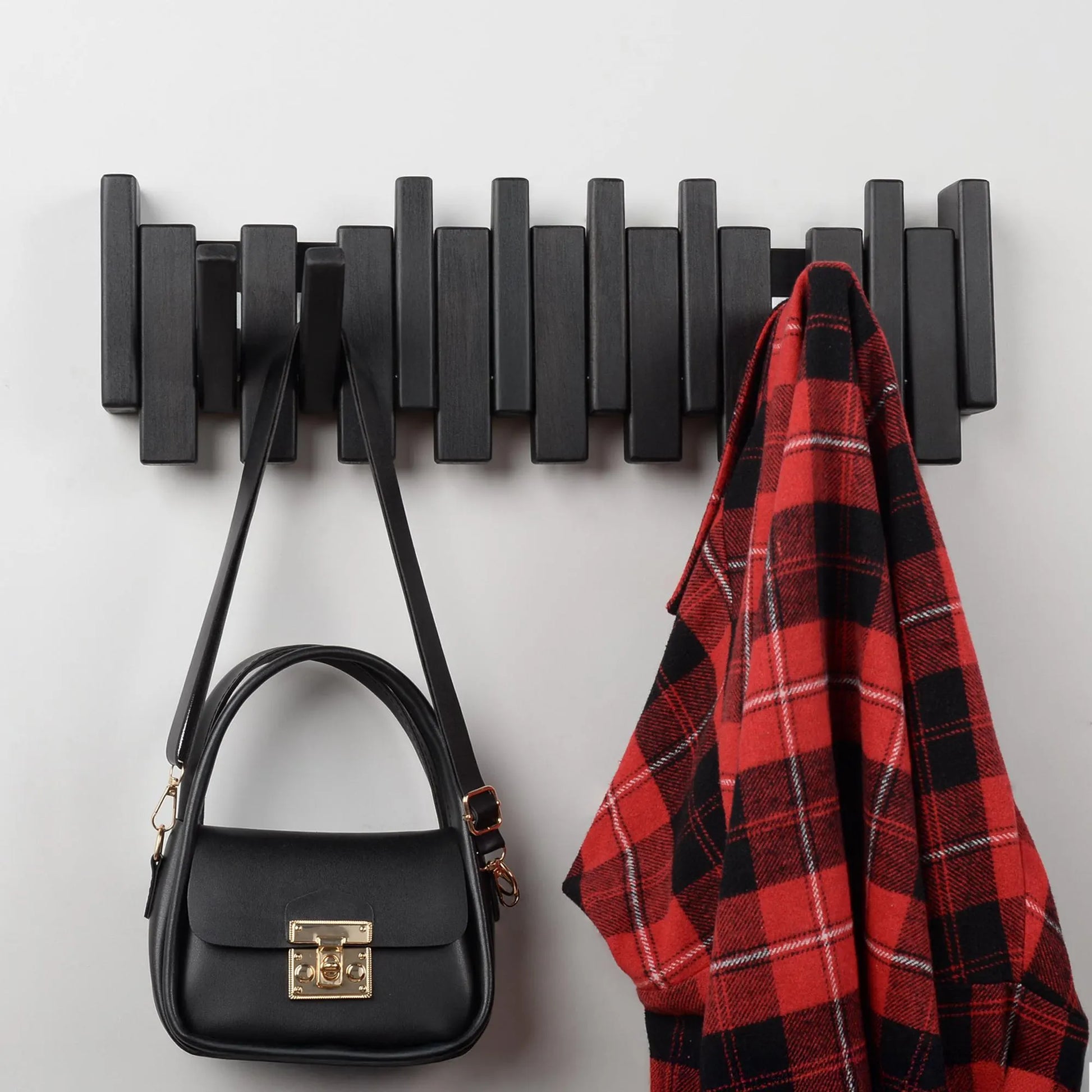 Solid Walnut Beech Wood Piano Coat Rack, Space Saving Magnetic Hook Wall Rack, Multifunctional Rustic Farmhouse Decor Coat Hat Towel Storage