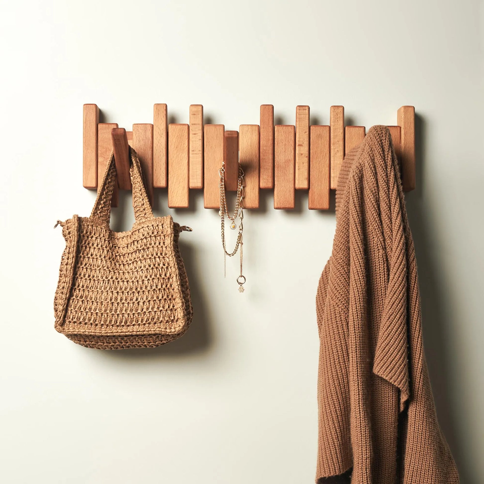Solid Walnut Beech Wood Piano Coat Rack, Space Saving Magnetic Hook Wall Rack, Multifunctional Rustic Farmhouse Decor Coat Hat Towel Storage