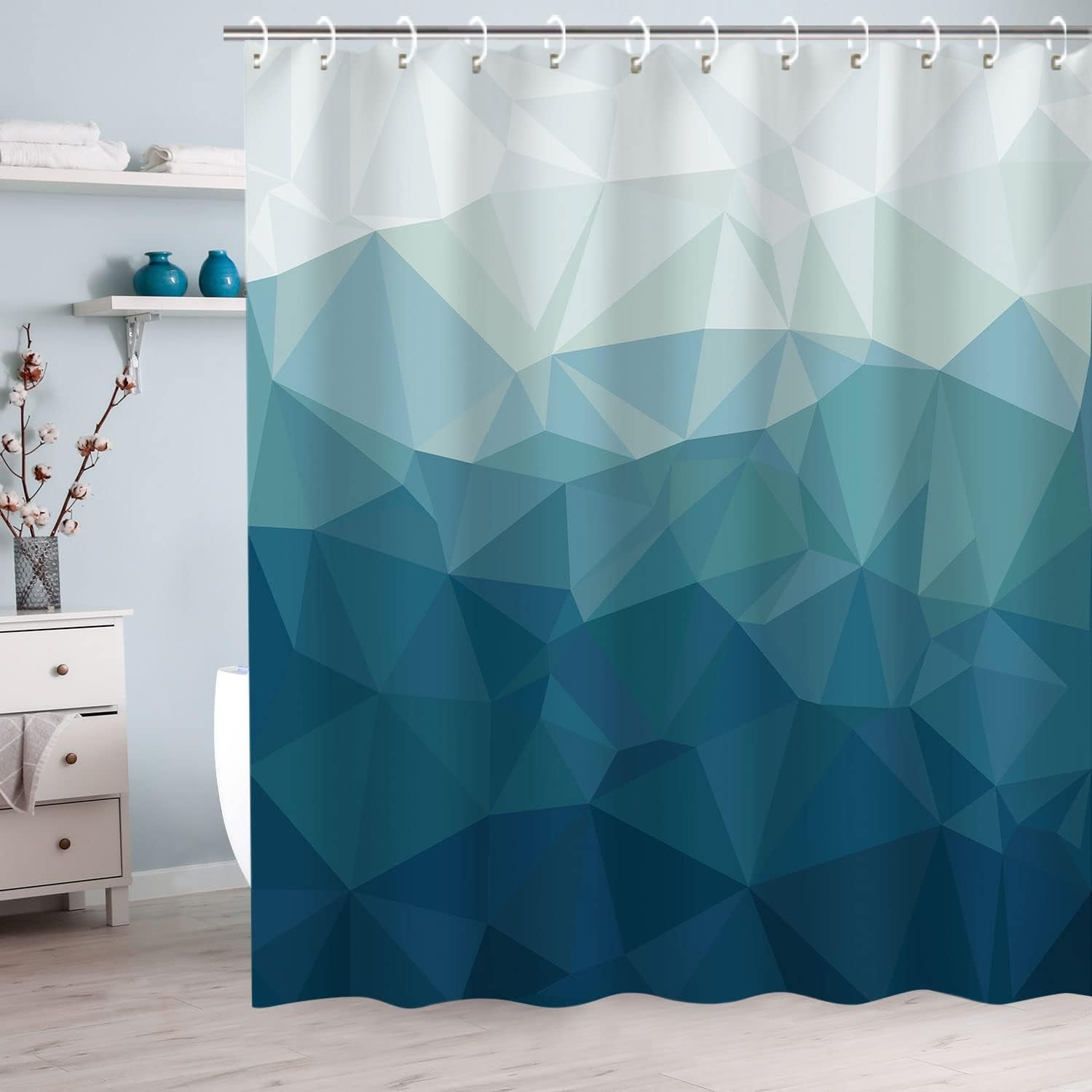 Geometric Shower Curtains - Navy Blue & Grey Ombre Mountain Modern Design for Contemporary Boys Bathroom Decor, 72" X 72" Inches with 12 Hooks