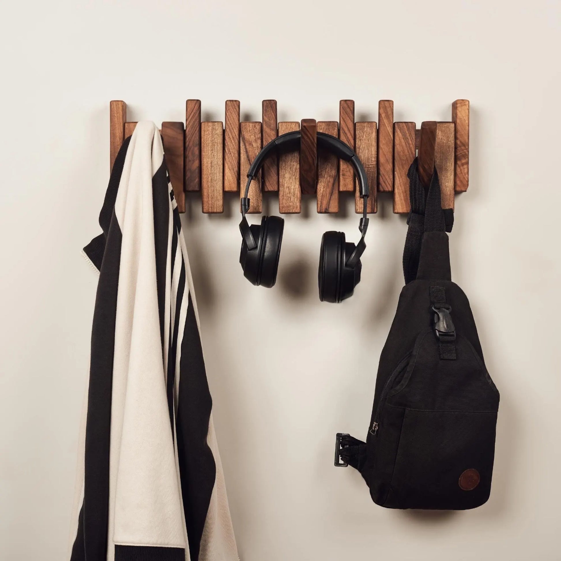 Solid Walnut Beech Wood Piano Coat Rack, Space Saving Magnetic Hook Wall Rack, Multifunctional Rustic Farmhouse Decor Coat Hat Towel Storage