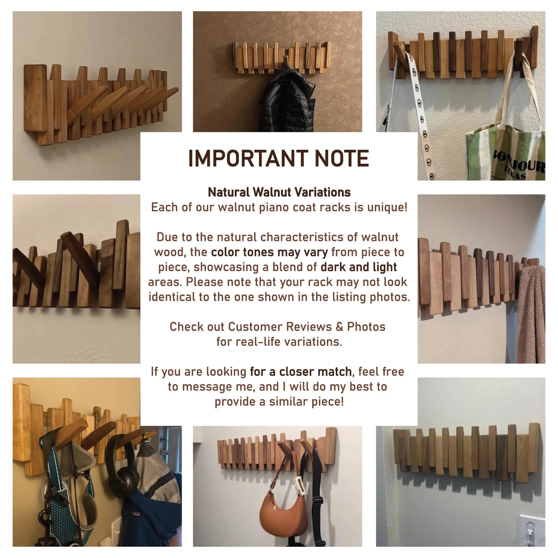 Solid Walnut Beech Wood Piano Coat Rack, Space Saving Magnetic Hook Wall Rack, Multifunctional Rustic Farmhouse Decor Coat Hat Towel Storage